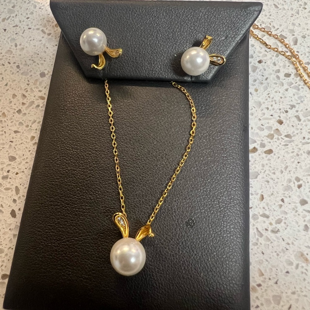 Faux Pearl Necklace & Earrings Set in Gold Over Sterling Silver